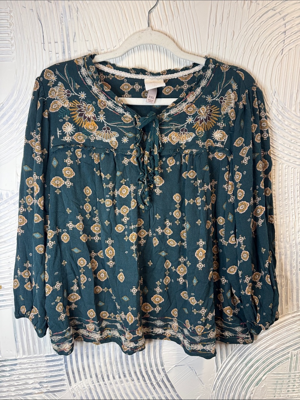 Knox Rose Teal Floral Boho Tie-Neck Peasant Top